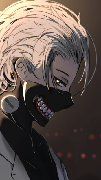Ken Kaneki character with white hair and black mask smiling in dark background