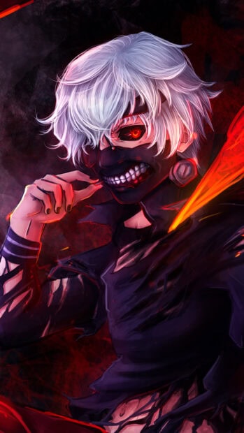 Ken Kaneki with white hair wearing a black mask and torn clothes in an intense pose