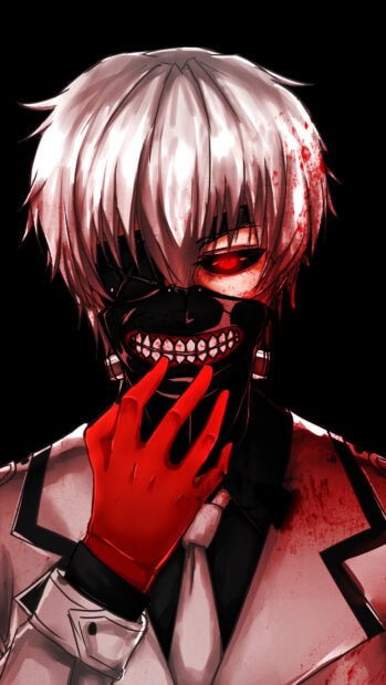 Ken Kaneki character with white hair and red eye wearing a black mask and red glove