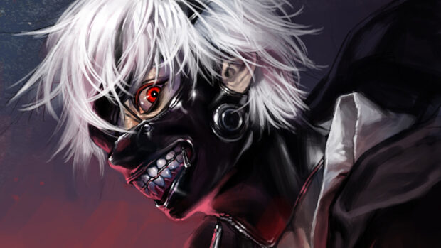 Ken Kaneki with white hair and a black mask showing sharp teeth in a dark intense scene