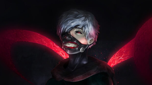 Ken Kaneki with white hair and a black mask with sharp teeth in a dark background with glowing red kagune
