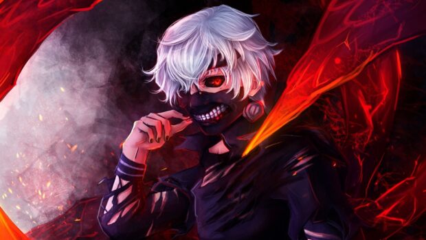 Ken Kaneki with white hair and a distinctive mask in a dark and fiery setting
