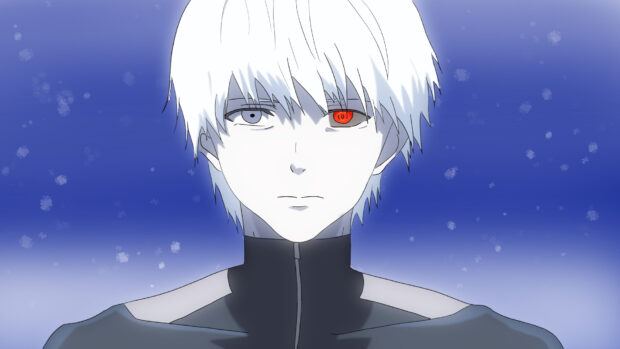 Ken Kaneki with white hair and one red eye standing against a blue snowy background