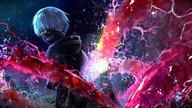 Ken Kaneki character with white hair and red eye wearing a mask in a dark scene with colorful energy effects