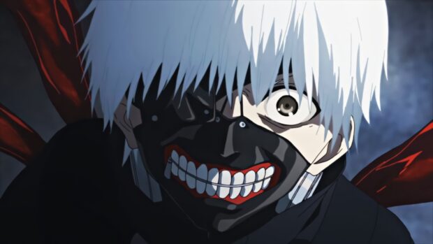 Ken Kaneki wearing a black mask with a sinister smile in an intense anime scene