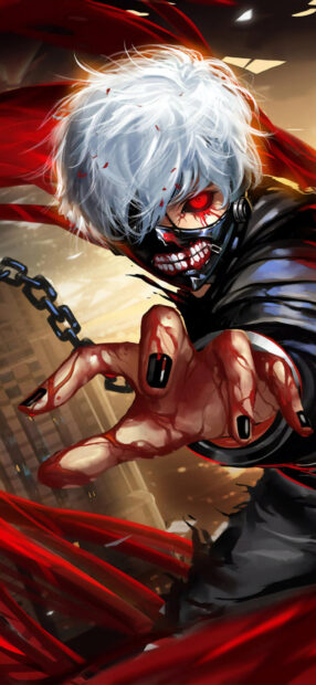 Ken Kaneki reaching out with bloodied hand and red eye in vibrant anime style