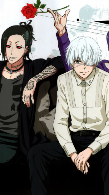 Ken Kaneki sitting with a tattooed man holding a red rose in a white shirt