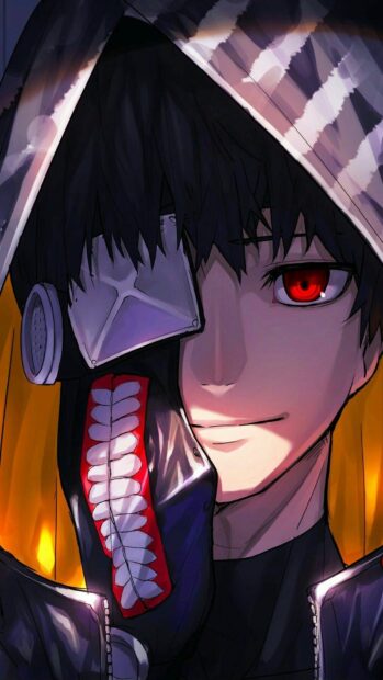 Ken Kaneki with red eyes wearing a mask and hood in an anime style