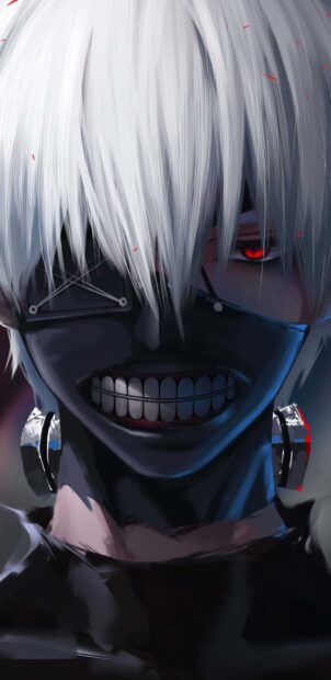 Kaneki showing his white hair and black mask with a sinister smile and red eyes