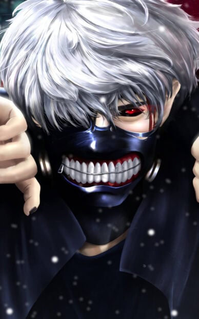 Ken Kaneki with white hair and red eye wearing a black mask with teeth design