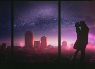 A romantic kiss between a couple silhouette with a starry night sky in the cityscape background