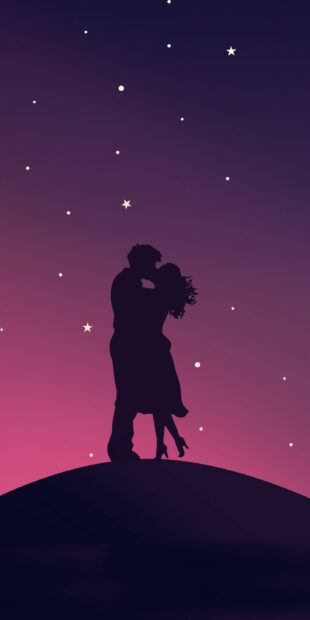 A romantic couple share a kiss under a starry night sky silhouette