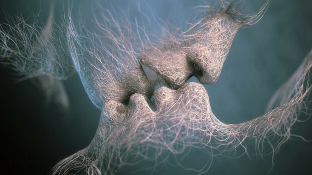 Artistic representation of a kiss made of intricate wireframe structures with a romantic atmosphere