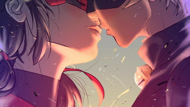 A close up of a tender kiss between two anime characters with soft lighting
