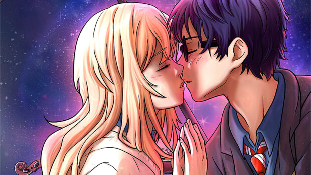 A romantic kiss between a blonde girl and a dark haired boy in an anime style