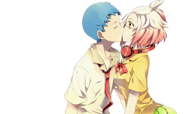 Two anime characters sharing a kiss with headphones and school uniforms on