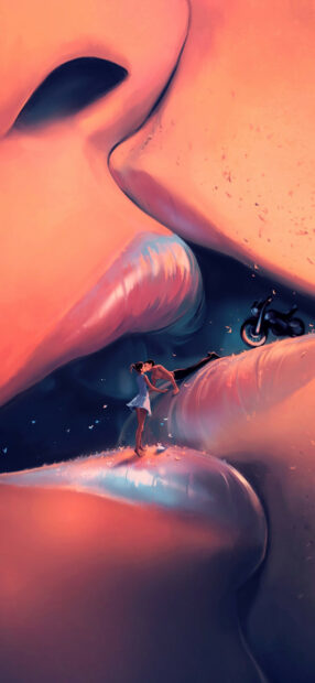 A close up of lips with a small couple sharing a kiss on the lower lip creating a romantic scene