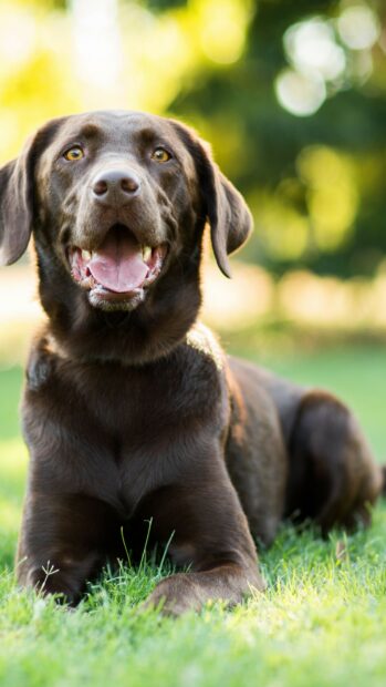 Happy chocolate Labrador retriever dog lying on grass in sunlight