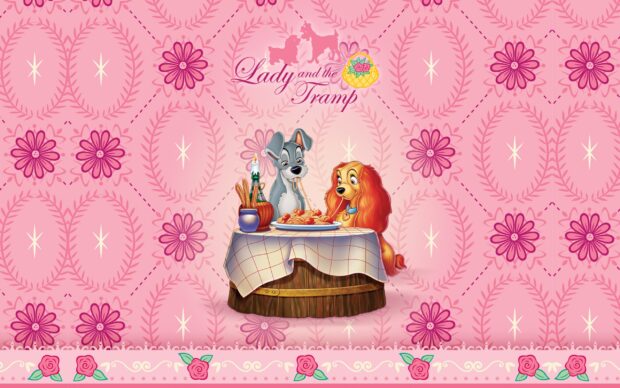 Lady and the Tramp enjoying a romantic spaghetti dinner in a pink floral setting