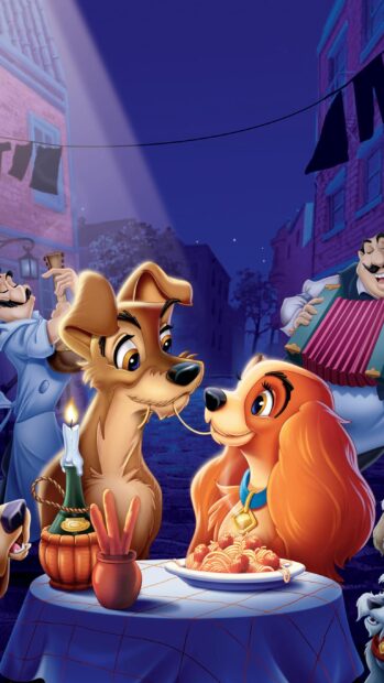 Lady and the tramp sharing spaghetti in a romantic Italian dinner scene