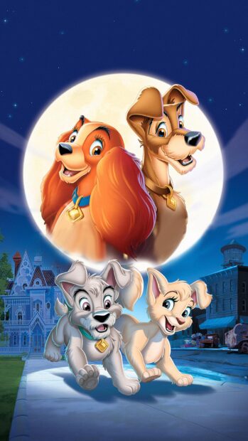 Happy Lady And the Tramp characters with puppies in front of a full moon at night