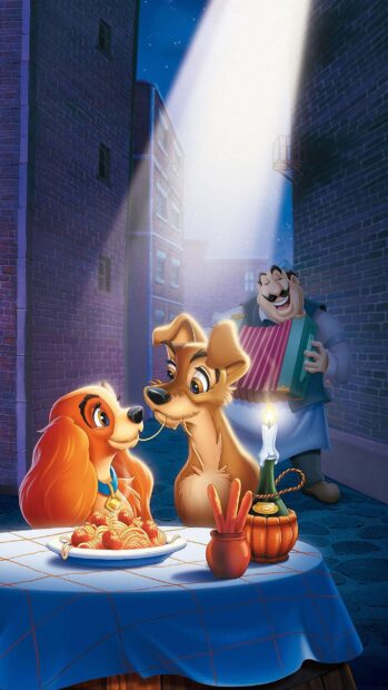 Romantic Lady and the Tramp sharing spaghetti in a charming alley with a musician playing accordion