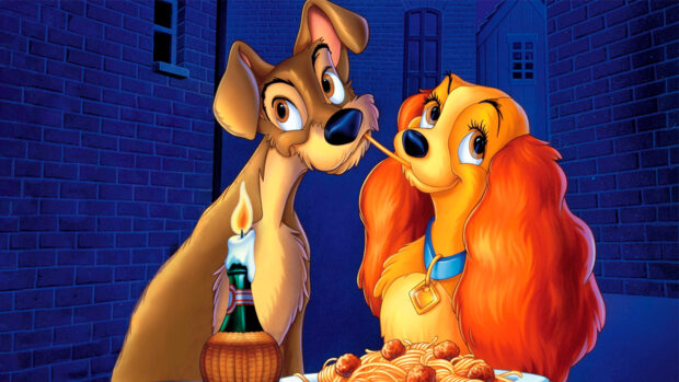 Lady And The Tramp sharing spaghetti in a romantic scene with candlelight in an alley