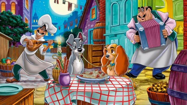 Lady and the tramp enjoying a romantic spaghetti dinner in the charming street scene