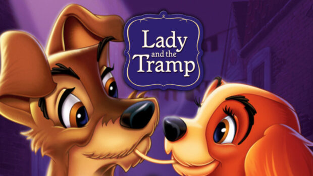 The Lady and the Tramp characters sharing a spaghetti strand in a romantic scene (1)