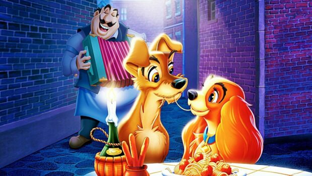 The Lady and the Tramp characters sharing a spaghetti strand in a romantic scene