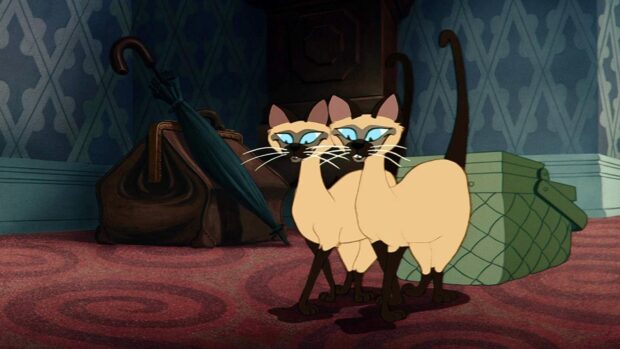 Two Siamese cats from Lady And The Tramp standing together in a room with an umbrella and basket