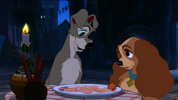 Lady and the Tramp characters enjoying a romantic dinner with spaghetti in a city alley at night