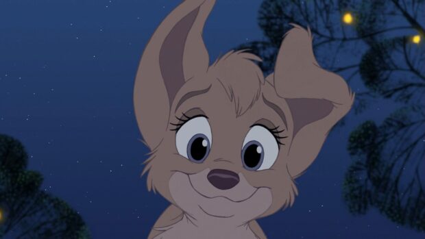 A close up of a happy character from Lady And The Tramp under a starry night sky