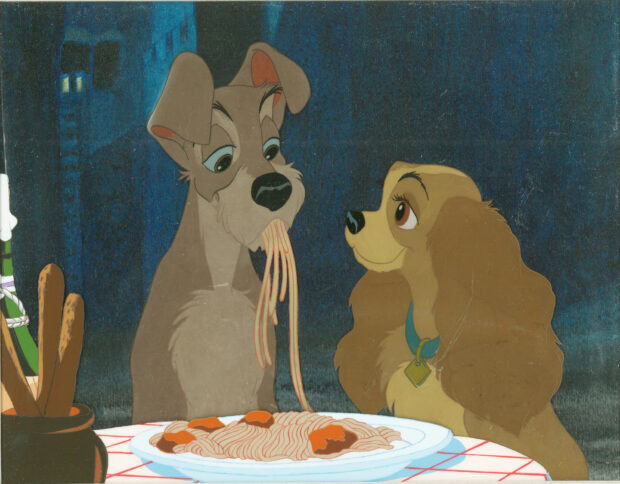 The Tramp and Lady enjoying a romantic spaghetti dinner from Lady And The Tramp
