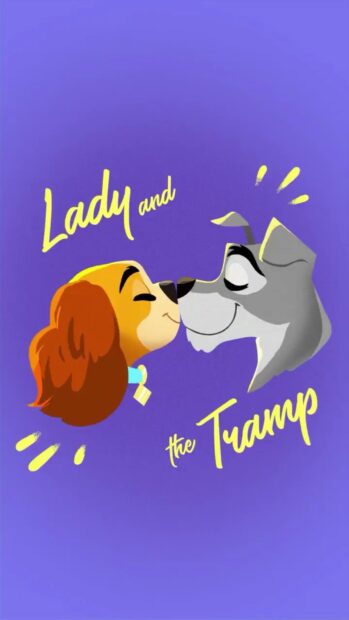 The animated characters Lady and the Tramp are touching noses on a purple background
