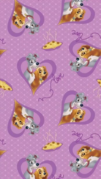 The Lady and the Tramp characters inside purple hearts on a purple background