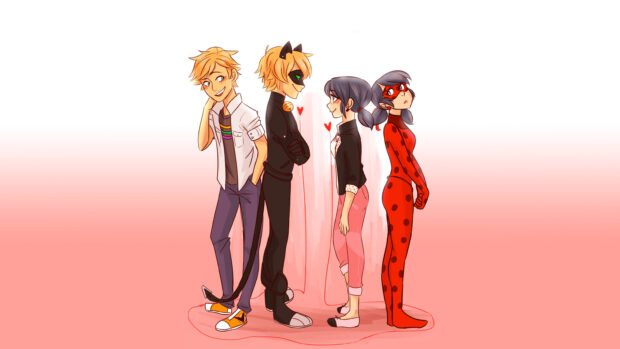 The ladybug characters and their casual versions standing together with red strings connecting them in a 2K illustration