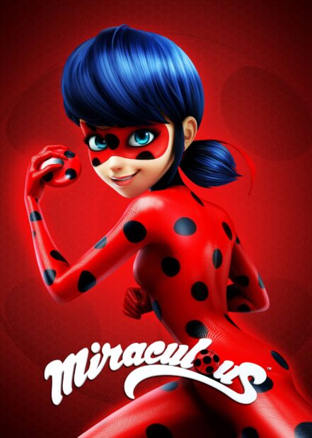 A close up of a ladybug character with blue hair wearing a red and black spotted suit
