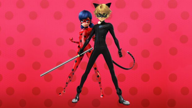 A ladybug character stands confidently with a cat character in front of a red spotted background