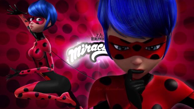 A ladybug character with blue hair and red suit with black spots in a pensive pose