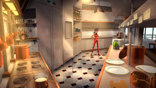 A confident ladybug character in a red spotted suit standing in a modern kitchen interior