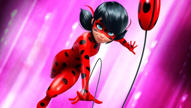 A dynamic ladybug character in a red suit with black spots posing against a vibrant pink background