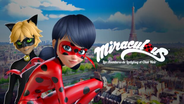 Animated ladybug character in red costume crouching with cityscape background