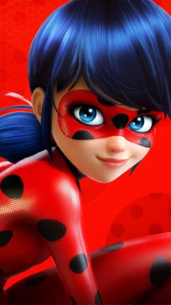 Animated character with blue hair and red suit with black spots in a ladybug design