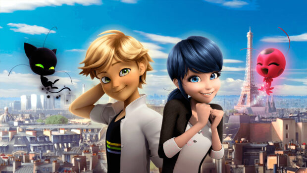 The ladybug character stands happily with a blonde boy and two small creatures over a Paris cityscape