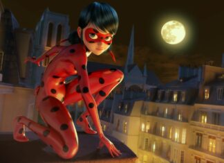 Animated ladybug character crouching on a rooftop during a full moon night