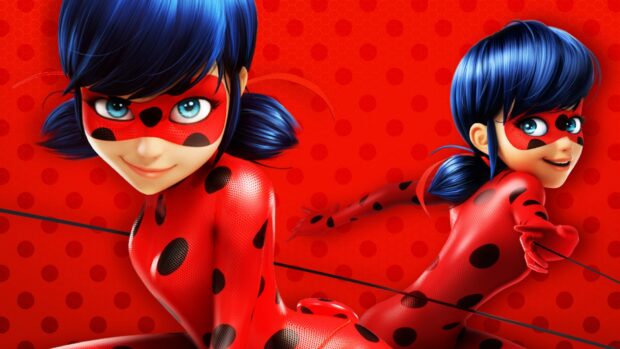 Animated ladybug character with blue hair in a red spotted suit posing on a vibrant red background