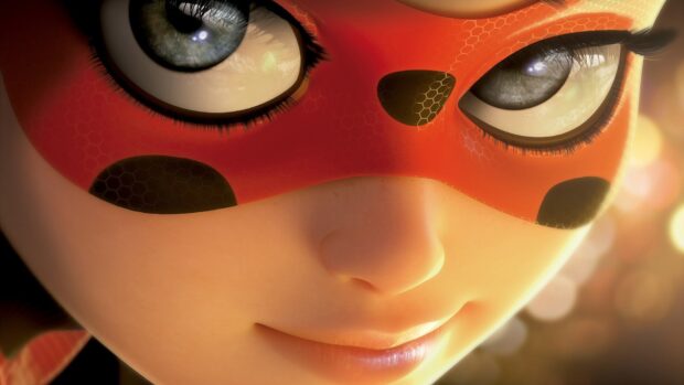 Close up of ladybug hero's face with detailed mask and bright eyes in HD quality