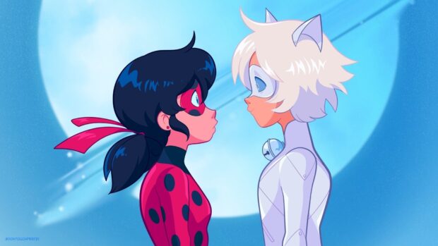 Ladybug character facing a white cat themed hero under a bright full moon at night