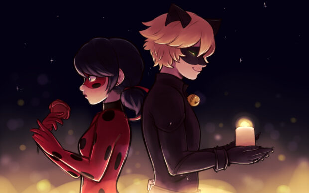 Ladybug character holding a rose and cat character holding a candle in a dark setting